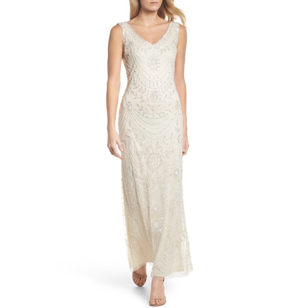Pisarro nights ivory beaded necklace motif gown